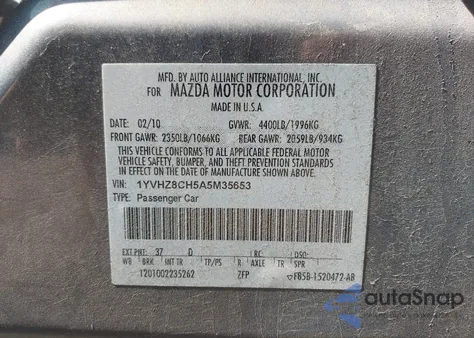 2010 Mazda Mazda6 I Touring from USA, damaged, VIN 1YVHZ8CH5A5M35653